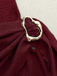 Olithes Nuevo vestido elegante y sexy de primavera/verano para citas, de cuello alto, con hebilla metálica, fruncido y sin mangas, de silueta ajustada para mujeres - Burdeos - Ver 3