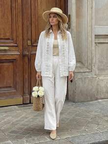 Hansera 2026春夏新款常规款女式两件套长袖上衣和裤子套装 - 白色 - 查看 4