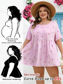 SHEIN CURVE+ Curve 尺码 US22 音乐节、海滨度假、波西米亚风女士蝴蝶结条纹圆领短袖印花休闲上衣，适合日常穿着，波西米亚风格/波西米亚风，假日、度假、夏季海滩、婚礼宾客、休闲夏季衬衫 - 粉色 - 查看 2