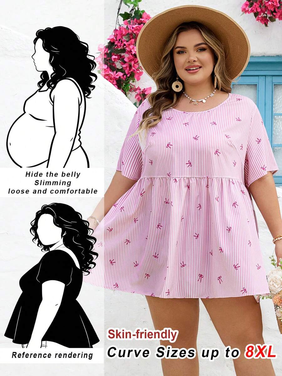 SHEIN CURVE+ Curve 尺码 US22 音乐节、海滨度假、波西米亚风女士蝴蝶结条纹圆领短袖印花休闲上衣，适合日常穿着，波西米亚风格/波西米亚风，假日、度假、夏季海滩、婚礼宾客、休闲夏季衬衫