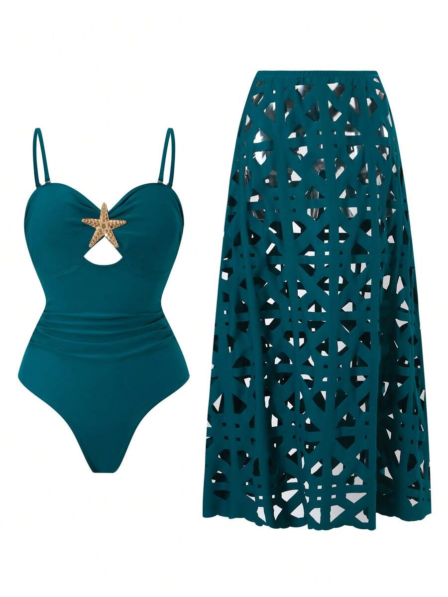 Swim Oasis Đồ bơi liền thân không dây vai dành cho nữ, có dây đeo rời, họa tiết năm sao, hình vịt nước với hoa cắt tỉa, váy dài, màu xanh dương, thích hợp cho kỳ nghỉ biển. - Màu xanh ngọc - Xem 1
