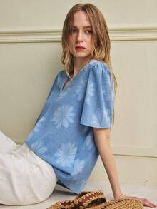 Écloséra Women's Solid V-Neck Casual Short Sleeve Blouse, Summer - Blue - View 6