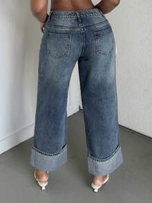 Alexandranx 女士牛仔裤复古灰蓝色直筒九分裤翻边休闲百搭外出秋季女装 - 淺色水洗藍 - 查看 2