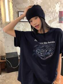 DAZY Camiseta de mujer de cuello redondo, estilo coreano, lavada - Azul Marino - Ver 4