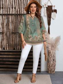 EMERY ROSE Blusa feminina casual elegante com gola entalhada, estampa retrô, blusa para mães, blusa feminina de verão. - Multicolorido - Ver 4