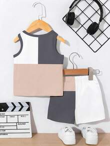 2pcs Baby Boy Casual Colorblock Patchwork "MAMA'S BOY" Letter Print Tank Top And Shorts Set, Summer Outfits - Multicolor - View 2