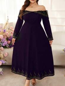 Modelyn Plus Size Women's Elegant Minimalist Retro Elegant Off-Shoulder Petal Sleeve Dress With Gold Floral Trim - Purple - View 8