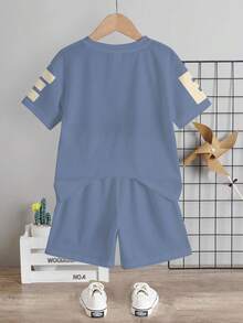 SHEIN 男童休闲简约T恤短裤套装，经典勇敢文字图案印花 - 彩色 - 查看 3