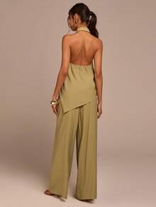 COSMINA Women's Solid Color Halter Backless Top And Wide Leg Pants Casual 2 Pieces Set Women's Two Pieces Set,Vacation Outfits Women - Green - View 4