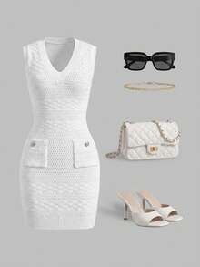 Balvessa Vestido ajustado de Body con cuello en V sin mangas, con bolsillos con botones metálicos y textura elegante de suéter - Blanco - Ver 3