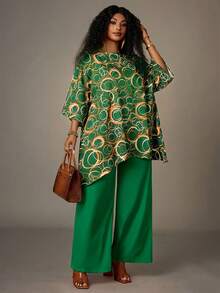 EMERY ROSE Plus Size Fashion Commuter All-Over Print Batwing Sleeve Top And Pants 2 Pieces Set Summer Outfits Summer Clothes Spring Dress Spring Outfit Women Spring Clothing Beach Vacation Outfits For Women  Women's Summer Set - Green - View 4