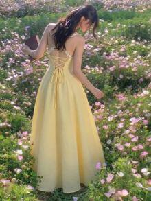 SHEIN MOD Đầm nữ mùa hè dáng suông, thắt eo, thích hợp cho kỳ nghỉ. - Màu vàng - Xem 2