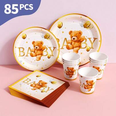 Gold Edge Bear Baby Disposable Plates, Napkins And Cups Set, Serves 20 Guests. This Disposable Party Supplies Set (Including Plates, Napkins And Cups) Is Perfect For Birthday Parties, Weddings And Family Picnics.