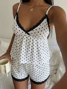 CovetEZ Women's Casual Pleated Ruffle Blouse With Lace Trim 2-Piece Set, Women's Spring/Summer Casual Camisole, Spring/Summer Top, Black & White Polka Dot Contrast Lace Camisole, Christmas Top, Polka Dot Top, Sweet Polka Dot Top, Black & White Polka Dot Lace Patchwork Camisole (Spring Edition) - Multicolor - View 1