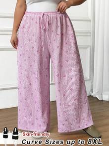 SHEIN CURVE+ 大码女式印花蕾丝心形休闲阔腿裤，粉色条纹阔腿裤 - 粉色 - 查看 7