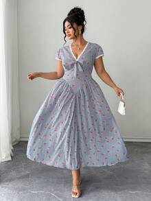 Elenzga Vestido de mujer de talla grande con estilo vintage francés, con estampado de rayas y cerezas, cuello en V, manga corta, cintura ceñida y decoración de lazo, adecuado para primavera/verano, vuelta al colegio, vacaciones, graduación, días festivos, San Valentín, Navidad, festivales de música, Día de la Madre, Halloween, Acción de Gracias, Pascua, Día Nacional, bailes, cumpleaños, citas, fiestas, bodas, actividades al aire libre - Multicolor - Ver 6