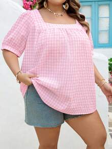 SHEIN CURVE+ Curve 尺码 US22 音乐节、海滨度假、波西米亚风女士休闲方领格纹泡泡袖衬衫 - 粉色 - 查看 8