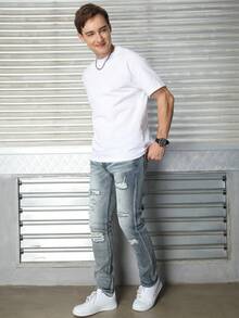 Logeqi® Jeans Rectos de estilo Rockero Vaqueros Lavados Rectos desgastados Casual Formal con Bolsos De Hombre - Azul - Ver 8