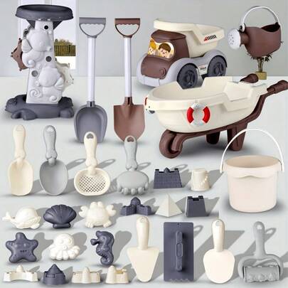 1 件儿童沙滩玩具套装，夏季娱乐必备。完整的沙滩玩具套装包括手推车、沙桶、沙铲和有趣的动物模具。