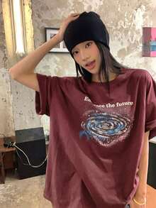 DAZY 女士圆领韩版印花短袖T恤 - 紅色 - 查看 4