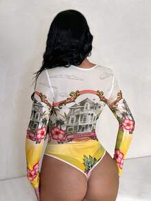 SHEIN SXY Sheer Printed Long Sleeve Romper, Vacation Beach Cover Up - Multicolor - View 2