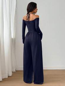 Flirla Women's Solid Color Ruched Long Sleeve Jumpsuit With Neck Tie Evening Night Out Navy Blue Autumn Elegant - Navy Blue - View 2