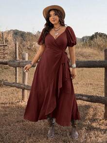 Ceyna Plus Size Women Elegant Tie-Wrap Ruffle Hem Dress Wrap Around Dresses For Ladies Wrap Dress Wedding Guest Womens Dresses Best Selling Dresses Occasion Dresses For Ladies Evening Dresses Western Formal Wedding Guest Dress Rustic Color Dress For Women Wedding - Red - View 4