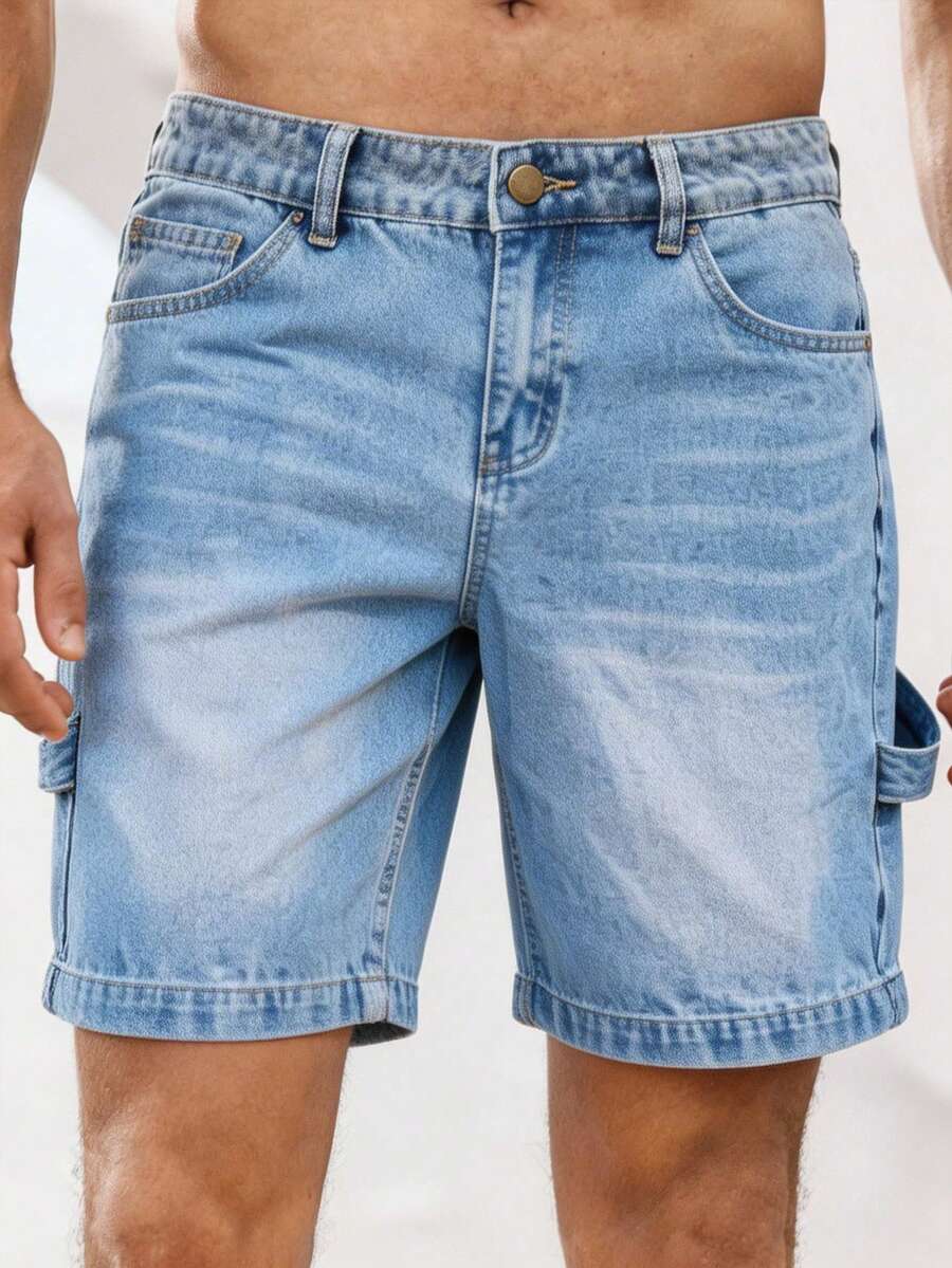 Manfinity VCAY Men's Casual Fashion Street Washed Loose Denim Shorts,Light Wash Blue Jeans Jorts For Summer Daily Commute,Pambahay Style Light Washed Shorts - Blue - View 1