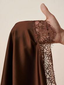 Zivah 2026 Spring/Summer New Music Festival, Easter, St. Patrick's Day, Valentine's Day, Date, Western, Nomadic, Birthday Party, Graduation, College, Student, Daily Casual, Basic Versatile, Leisure, Cruise Travel, Beach, Sunbathing, Viral , Streetwear, Wedding Guest, Commute, Brunch, Airport, Party, Holiday Outing, Office Wear, Spaghetti Strap Sleeveless Camisole Asymmetric Hem Long Lace Brown Satin Shiny Backless Dress - Brown - View 9