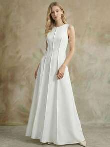 2026SS New Arrival Spring/Summer Women's Extra Long Dress, Woven Fabric Romantic Date Outfit Holiday Attire, Pleated Design Waist Cinched A-Line Sleeveless Dress, Business Casual, Independence Day, Urban Chic, Minimalist Fashionable Commuter, White Dress - White - View 8
