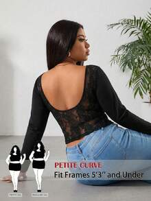 SHEIN PETITE CURVE 新款加大码女式夏季休闲撞色蕾丝露背船领长袖修身短款时尚T恤，适合所有季节和场合，女士夏季上衣，春季、度假、假日、夏季，2026款 - 黑色 - 查看 1
