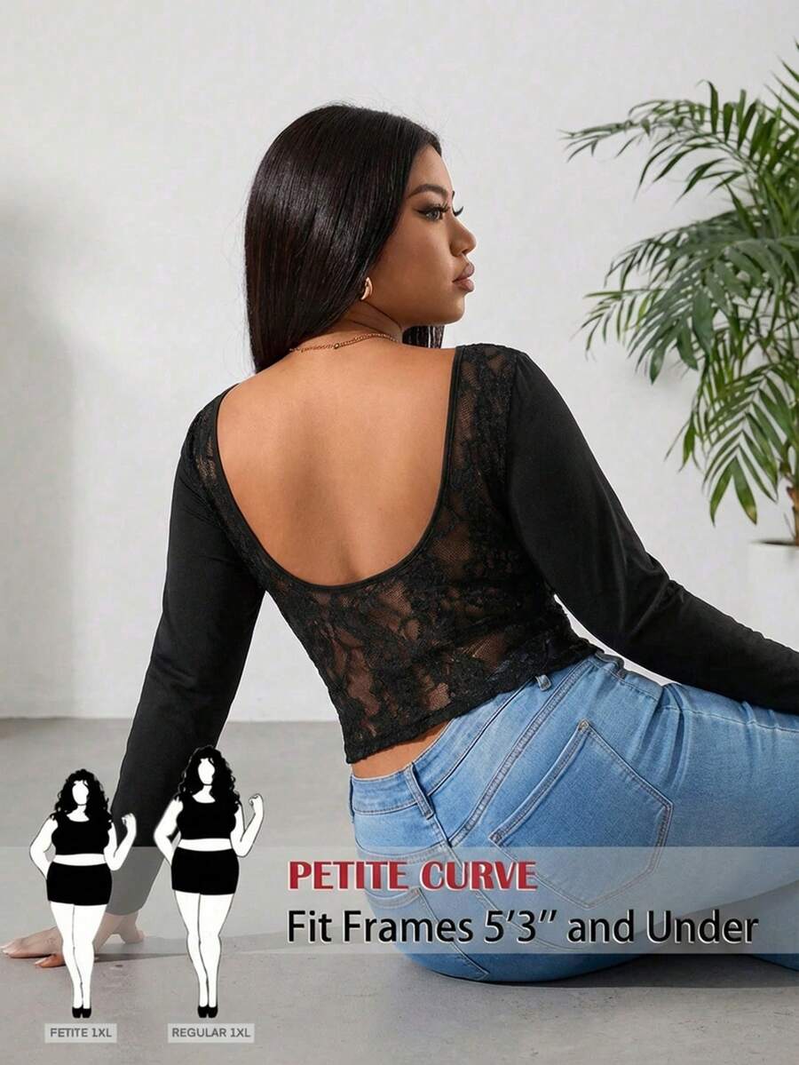 SHEIN PETITE CURVE 新款加大码女式夏季休闲撞色蕾丝露背船领长袖修身短款时尚T恤，适合所有季节和场合，女士夏季上衣，春季、度假、假日、夏季，2026款 - 黑色 - 查看 1
