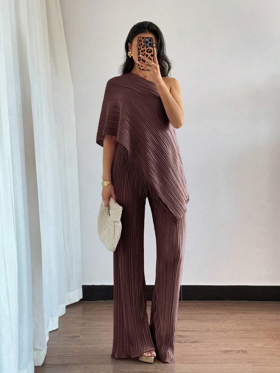 Elenzga 女士纯色不对称下摆上衣和喇叭裤休闲套装 - 咖啡棕 - 查看 1
