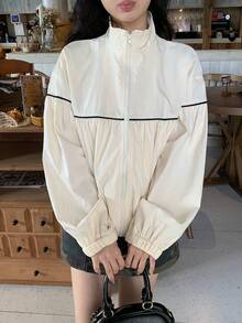 Livesso Women's Casual Loose Fit Turtleneck Regular Jacket - Beige - View 4