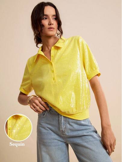 LOTSLUV Women's Bright Yellow Semi-Sheer Sequin Collar Loose Casual Short Sleeve Knit Top, Spring/Summer,Tops For Women,Going Out Tops For Women,Spring Top,Summer Tops For Women,Fashionable Tops,Casual Blouse For Ladies,Yellow Top,Sequin Tops, Yellow Sequin Shirt, Yellow Top For Women, Summer Yellow Shirt, Short Sleeve Sequined Top, Sequined Polo Shirt, Polo Blouse For Women Casual, Shirts For Woman Casual, Women's Shirts For Summer, Latest Tops For Women New Arrivals