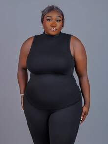 CurvyTilda 大尺碼抓皺修身立領背心上衣，女款演唱會穿搭，商務休閒黑色夏季女裝 - 黑色 - View 4