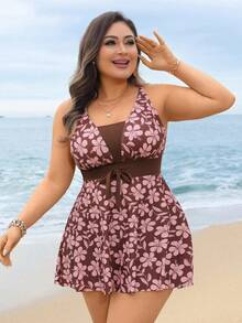 Swim Lushoire Bộ bikini cỡ lớn dành cho nữ, gồm áo in hoa và quần đùi màu trơn. - Nhiều màu - Xem 3