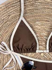 Swim Mod Bộ bikini hai mảnh màu trơn mới dành cho nữ, kiểu dáng tam giác, gợi cảm, buộc dây, phối màu tương phản. - màu nâu - Xem 4