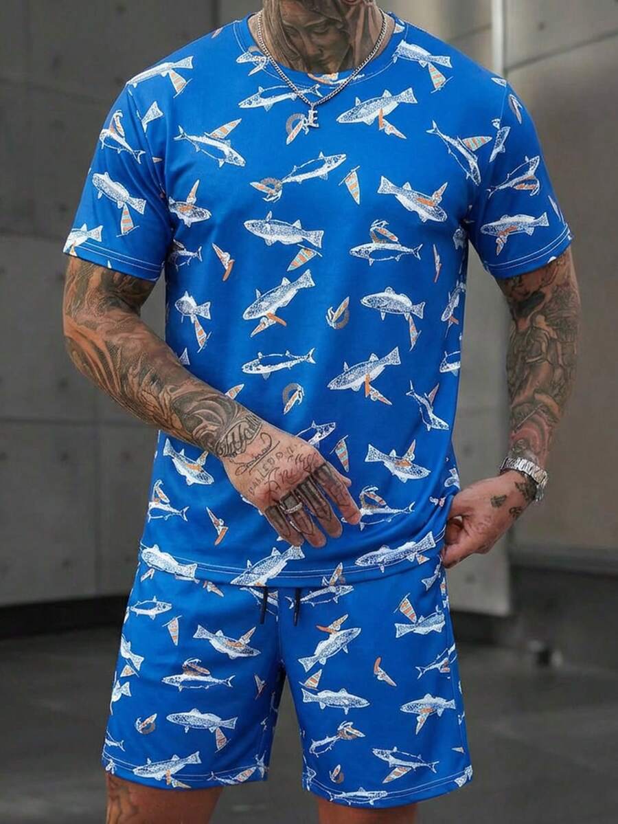 Manfinity Homme Men's All-Over Print Short Sleeve T-Shirt And Shorts Casual Set - Blue - View 1