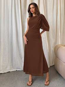 Aloruh 女士优雅圆领单肩不对称腰身网纱可可棕色连衣裙 - 咖啡 - 查看 3