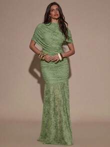 SHEIN BAE Đầm chữ A xếp ly cổ cao thanh lịch, đầm màu xanh lá cây, đầm duyên dáng, đầm đi nghỉ mát, đầm phù dâu, đầm dự tiệc sinh nhật, đầm đi học/tốt nghiệp, đầm xuân/hè. - màu xanh lá - Xem 4