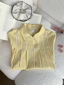 SHEIN 女士及少女法式休闲黄色格子褶裥短袖衬衫，清新百搭，春夏单件装 - 黃色 - 查看 7