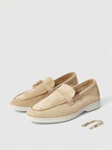 Giày bệt nữ mũi tròn, khâu tay, đa năng, kiểu dáng thời trang hàng ngày, chất liệu da lộn, miệng sâu, có mặt dây chuyền, thích hợp đi làm. - Màu nâu nhạt - Xem 6