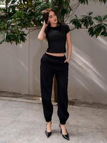 Bris Aura 纯色弹性腰部运动裤，复古款，女式慢跑裤 - 黑色 - 查看 1