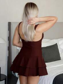 salliqueen Women's Solid Color Deep V-Neck Ruffle Hem Sleeveless Sexy Mini Dress,Dresses For Women Elegant - Coffee Brown - View 2