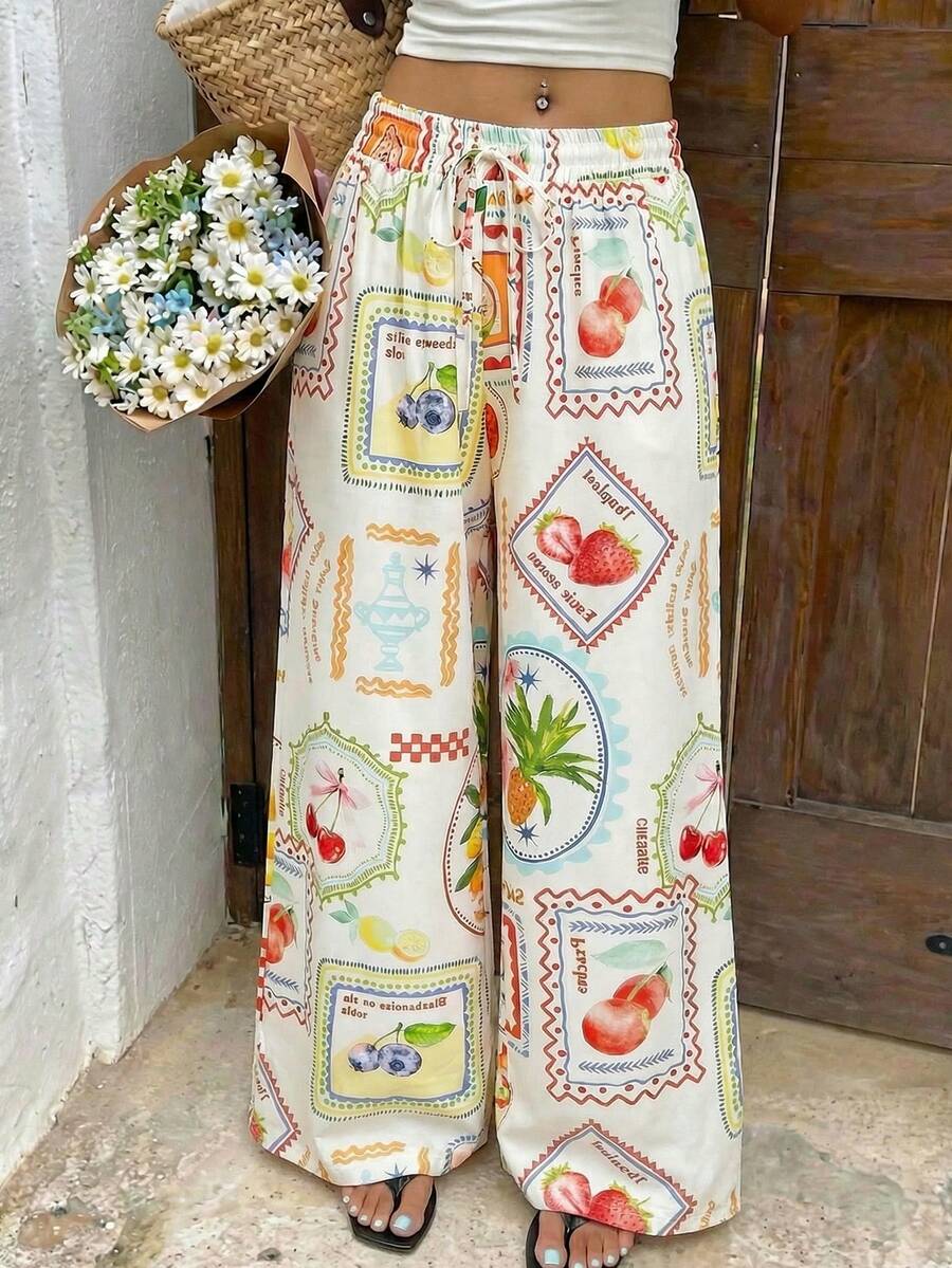 SHEIN MOD Women's Fruit Print Knotted Casual Pants For Vacation - Multicolor - View 1