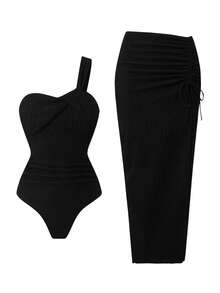 Swim Oasis Spring/Summer New Women's One-Piece Swimsuit Set, Black Special Textured Fabric, Asymmetric Shoulder Strap Crossover Design Swimsuit And Side Slit Ruched Tie-Up Maxi Skirt, Elegant Conservative Style Suitable For Beach, Pool Party - Black - View 5