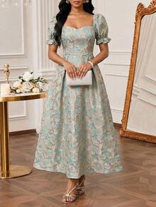 SHEIN Lady Women's Elegant Jacquard Petal Sleeve Ruched Waist Flared Hem Party Dress, Summer - Multicolor - View 1