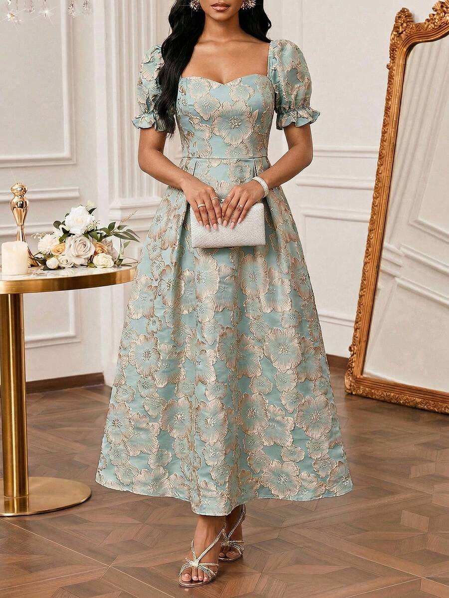 SHEIN Lady Women's Elegant Jacquard Petal Sleeve Ruched Waist Flared Hem Party Dress, Summer - Multicolor - View 1