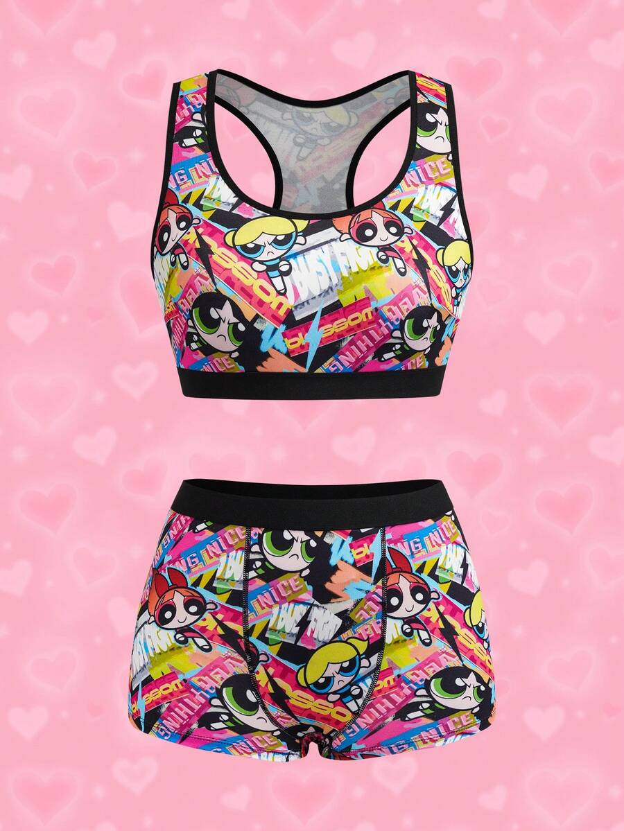 THE POWERPUFF GIRLS X SHEIN Bộ đồ lót nữ 2 món, thiết kế dễ thương. - màu đen - Xem 1